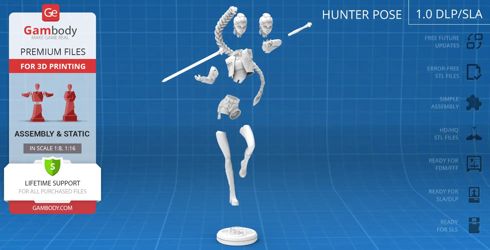 3D Demon Hunter model kit with separate parts, including head, body, and weapons, for assembly.