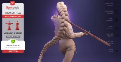 A 3D model of a character with a long braided hairstyle, holding a sword, wearing detailed armor.