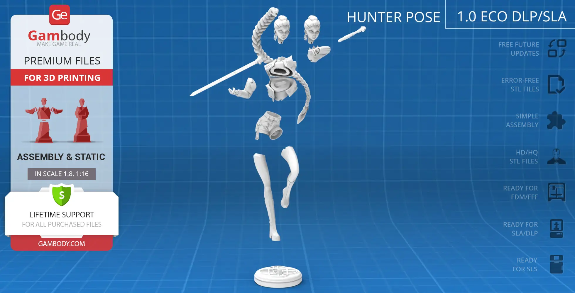 A 3D model assembly of a demon hunter figure with interchangeable parts on a blue grid background.