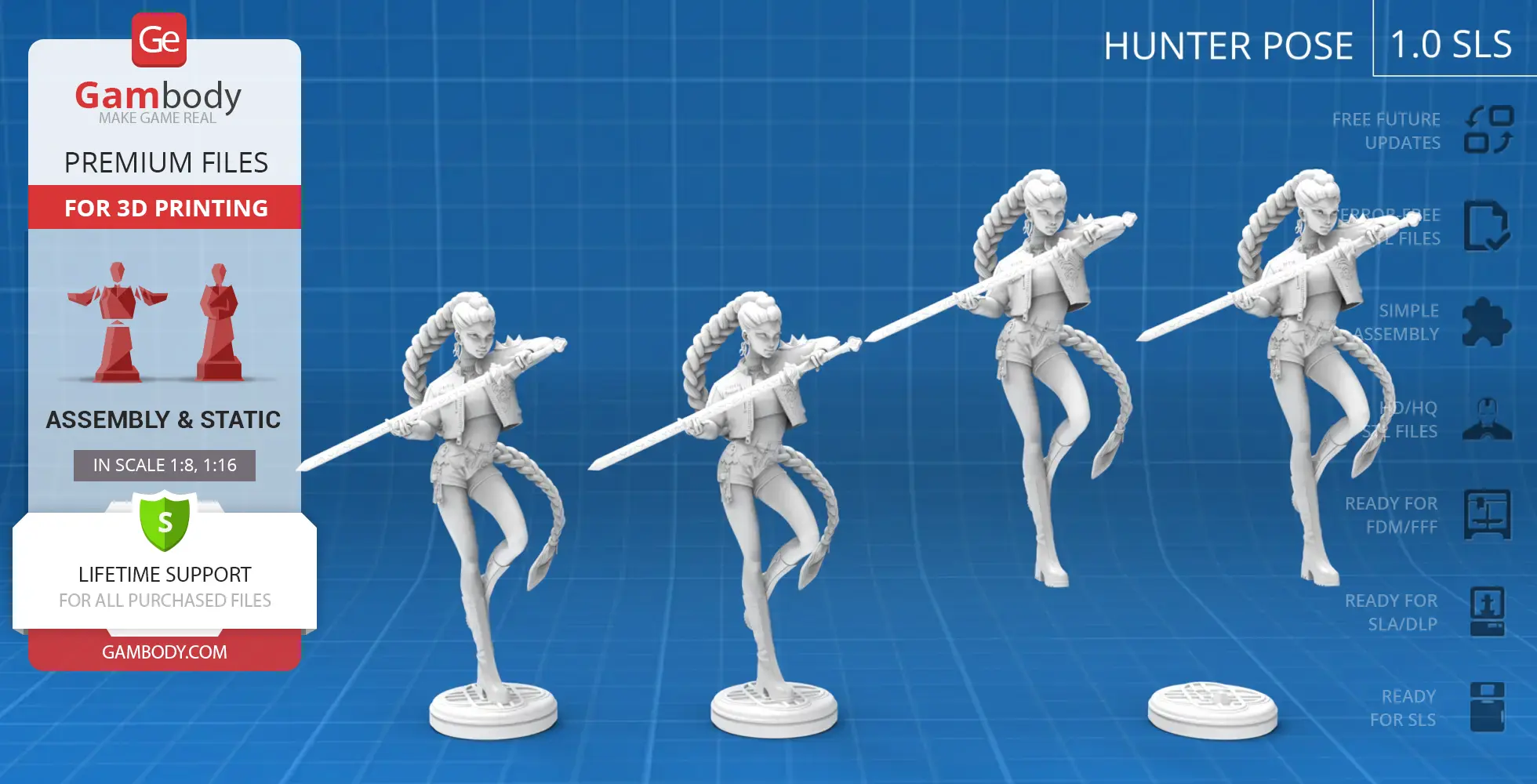 Four 3D models of a female demon hunter in dynamic poses, holding a staff and wearing braided hair.