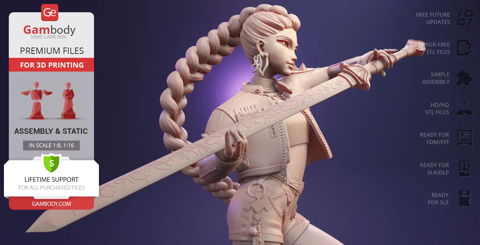 KPop-inspired demon hunter model with braided hair, holding a large sword, for 3D printing.