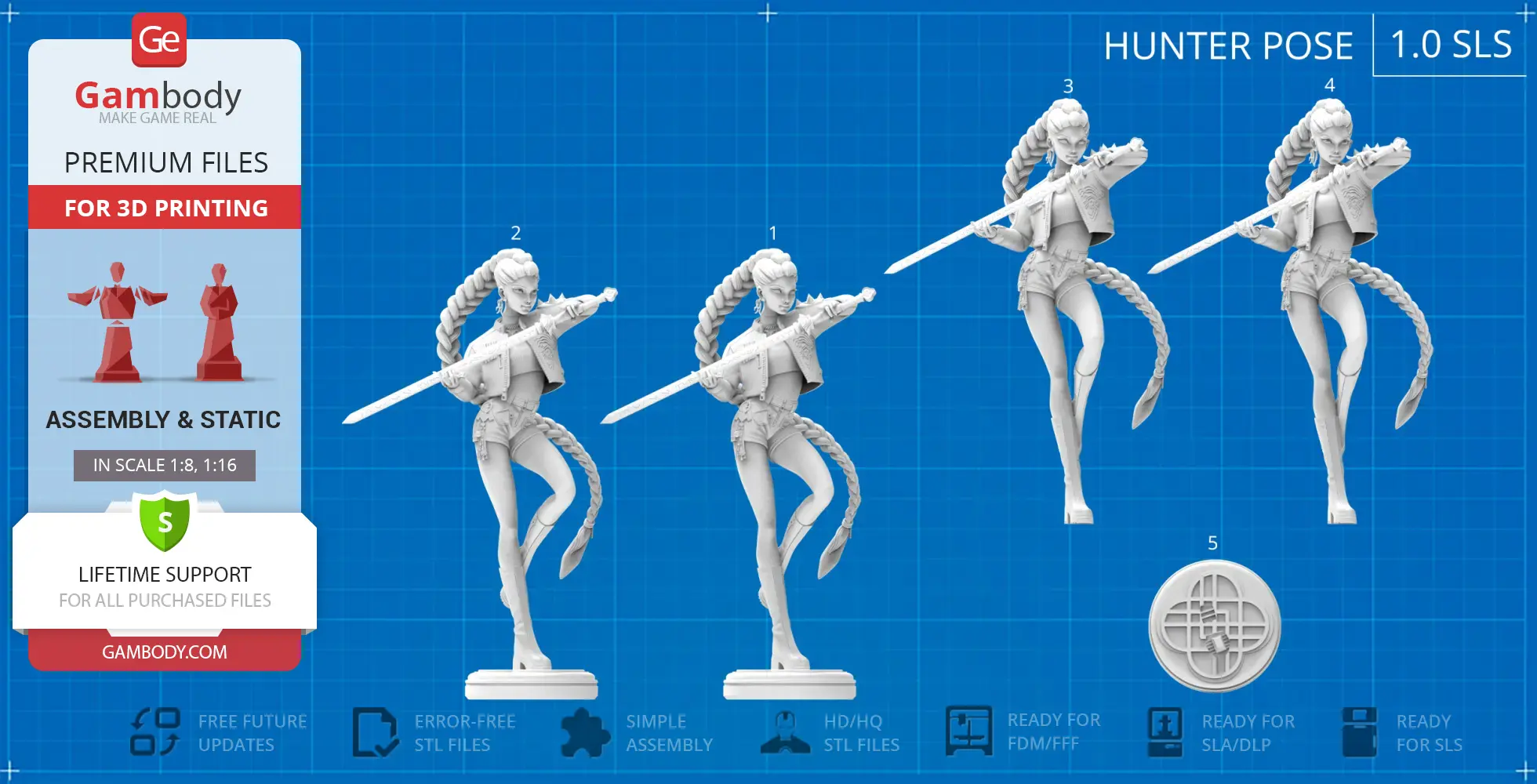 Dynamic 3D model of a demon hunter with a long braid and sword, in a striking pose for printing.