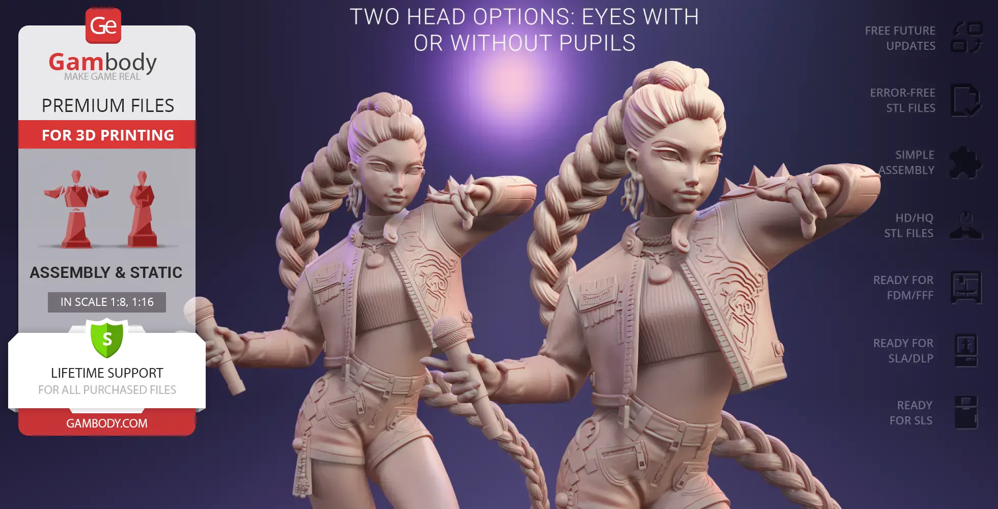 Rumi KPop Demon Hunter 3D model with two head options, braided hair, and detailed clothing.