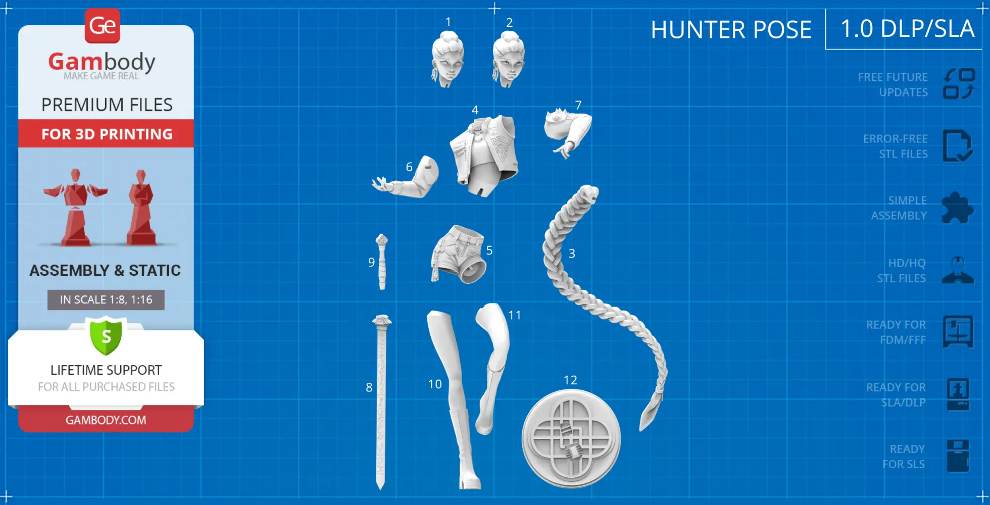 3D model pieces of a KPop Demon Hunter with body parts, weapons, and accessories on a blueprint background.