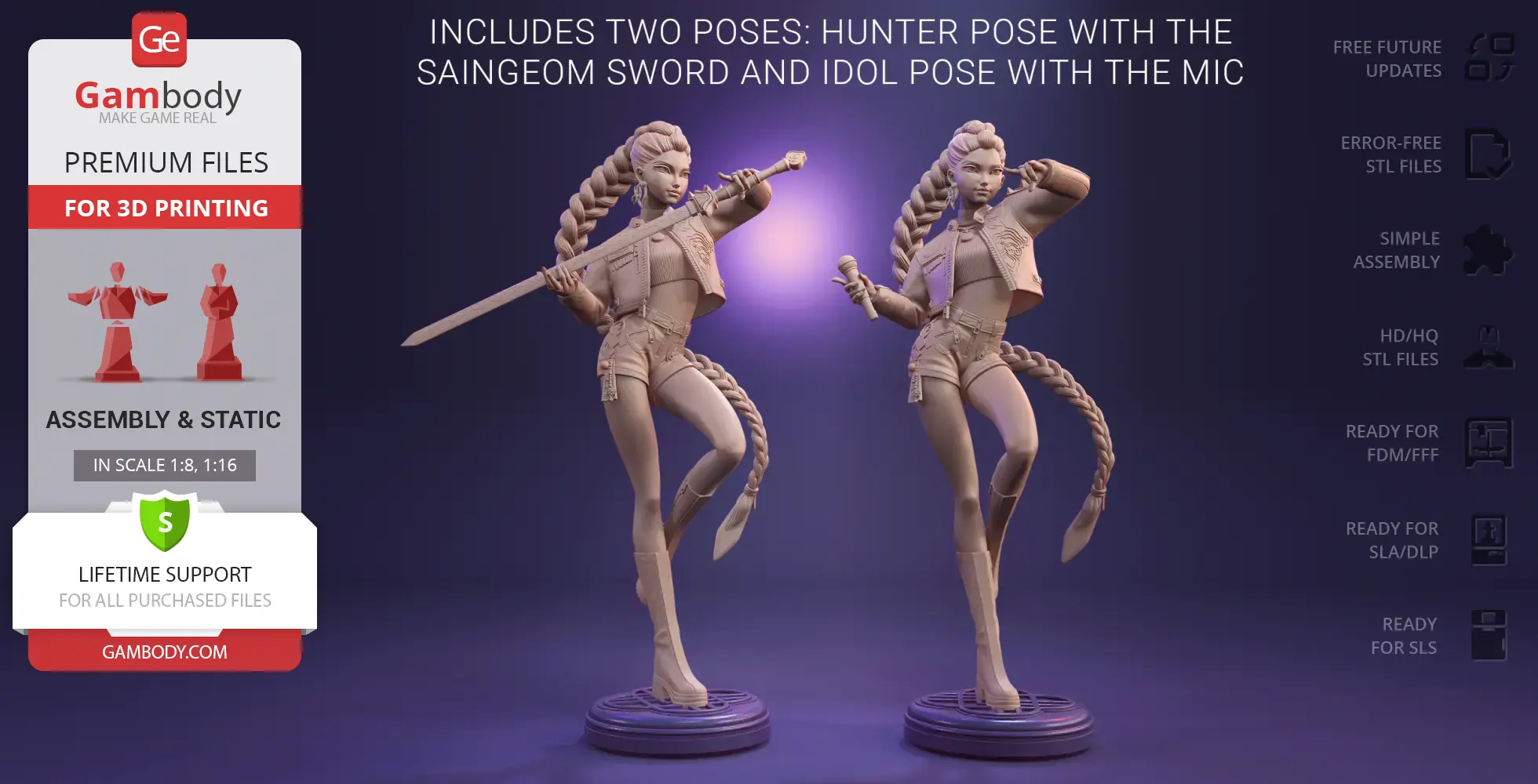 3D model of a KPop-themed demon hunter with braided hair, posed with a sword and microphone.