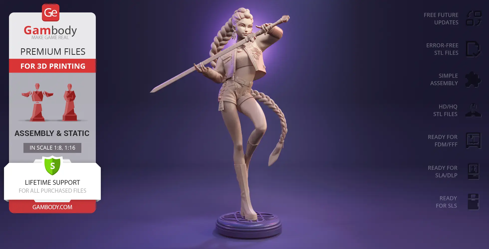 Female warrior with braided hair, wielding a sword, standing on a decorative base.