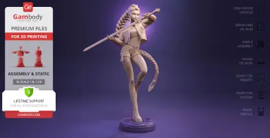 Female warrior with braided hair, wielding a sword, standing on a decorative base.
