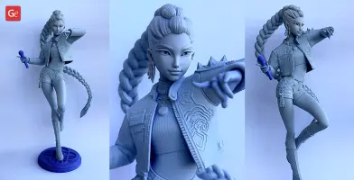 A 3D model of a stylish KPop-inspired demon hunter with braided hair, holding a microphone, dynamic pose.