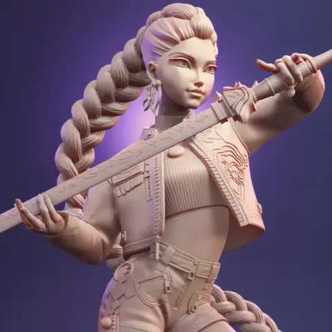 Female warrior with braided hair, holding a staff, wearing a stylish outfit and boots, striking dynamic poses.