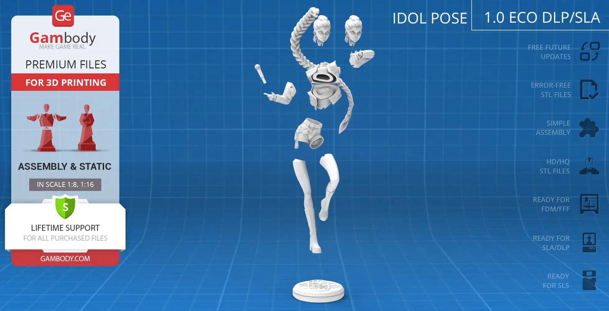 3D model parts for assembly: a KPop-themed demon hunter with braided hair and dynamic pose on a stand.