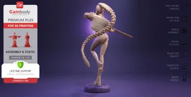 Female 3D model with long braided hair and sword pose, ready for 3D printing.