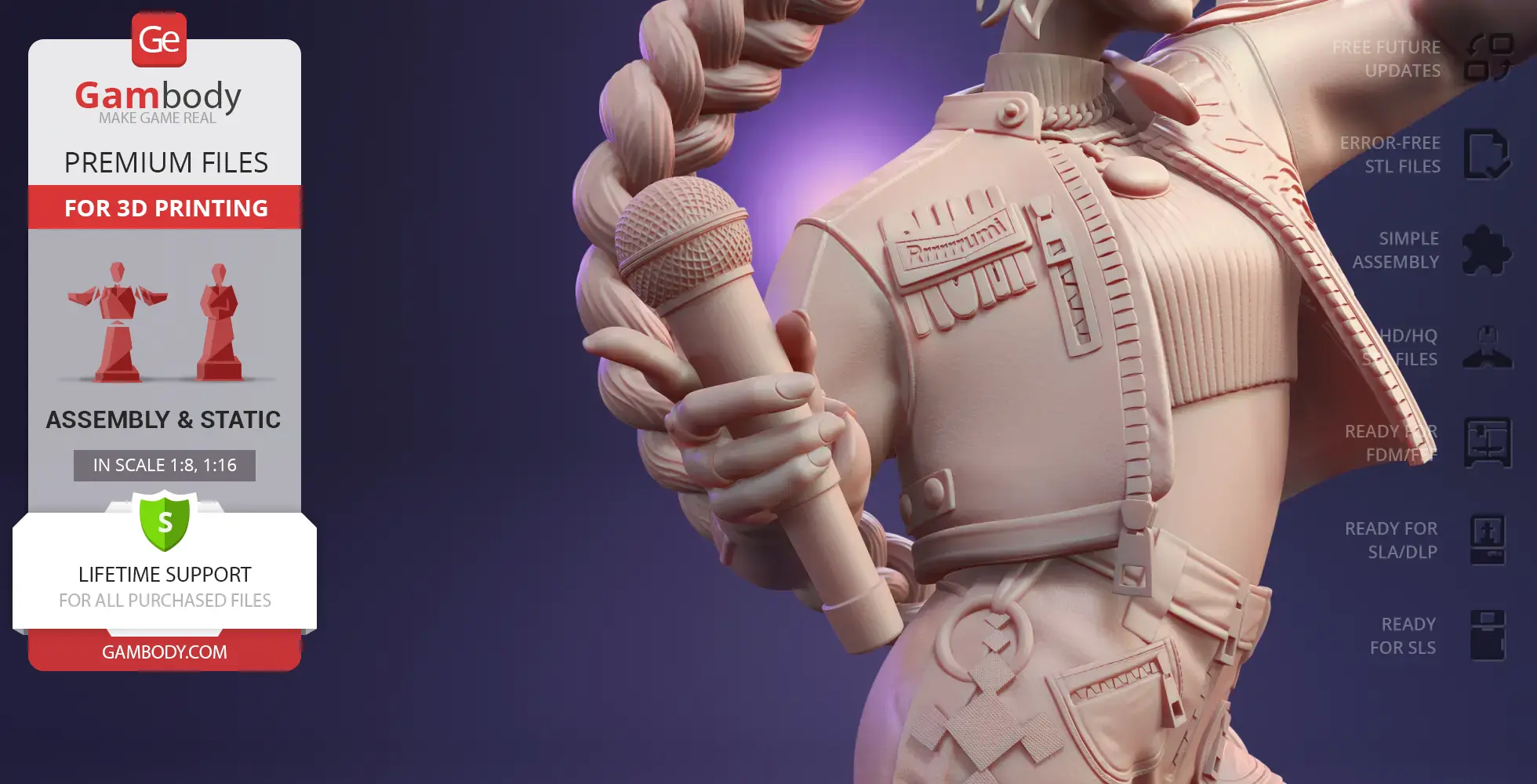 3D model of a character with a braided hairstyle holding a microphone, detailed jacket and accessories.