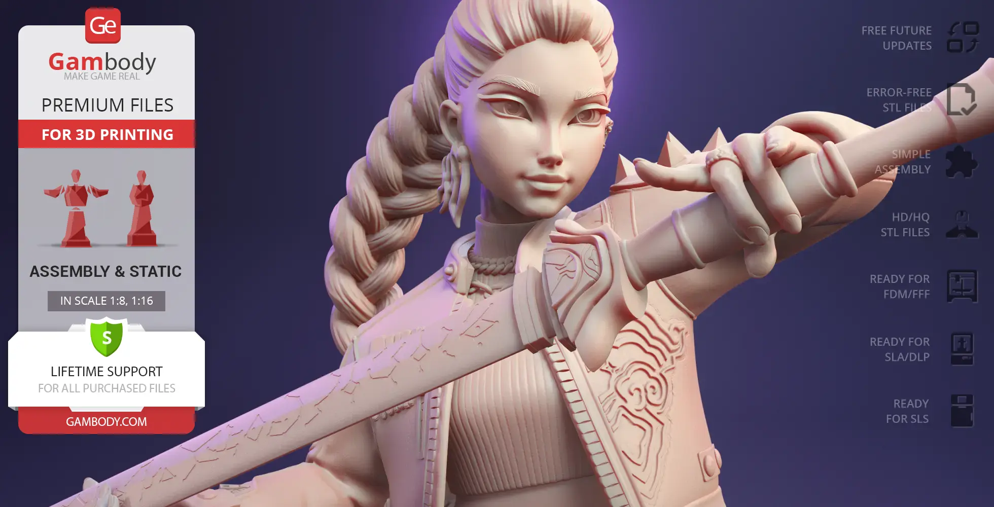 A 3D model of a stylized character with a braid, holding a sword, designed for 3D printing.