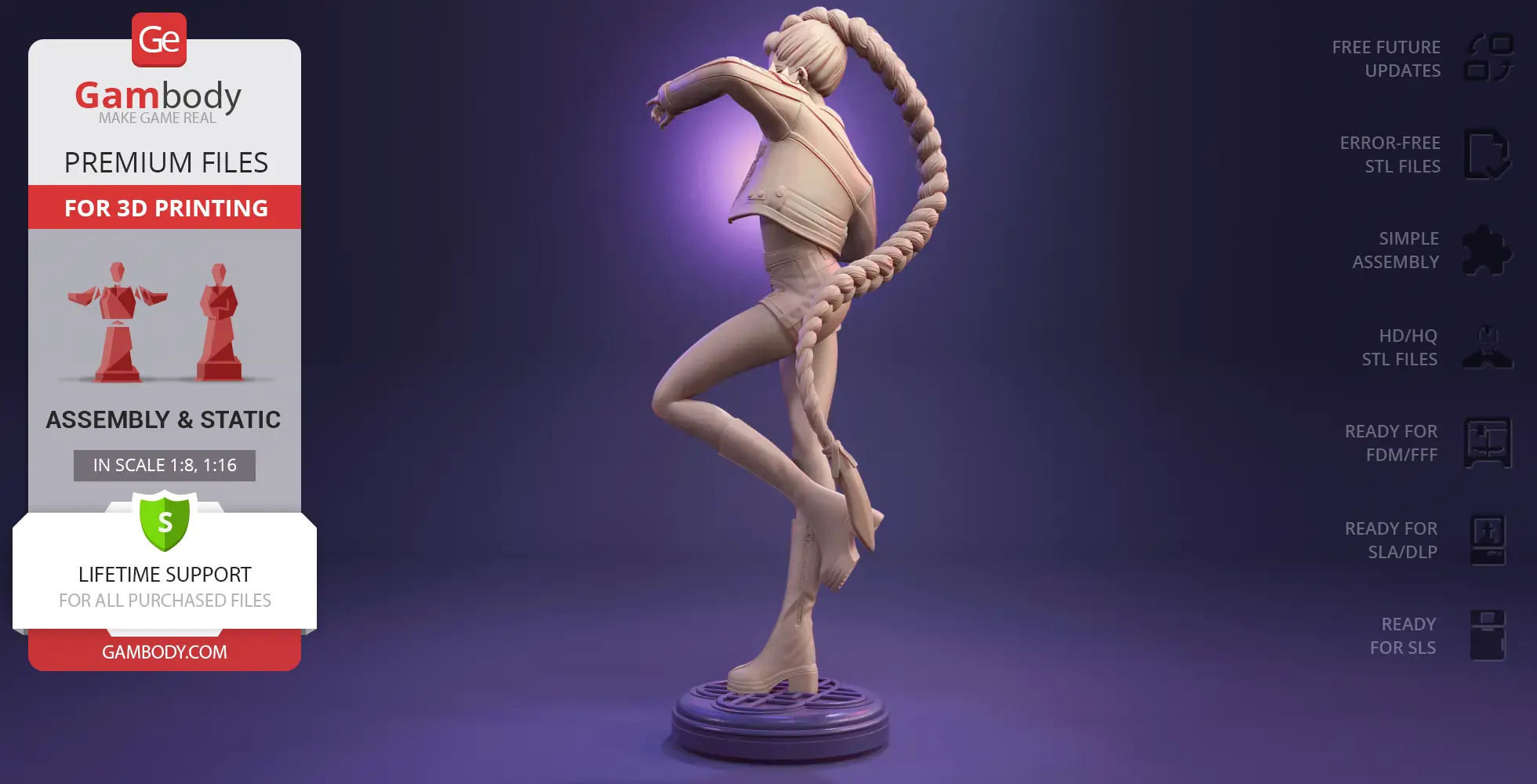A detailed 3D model of a character with a long braid, dynamic pose, and stylish outfit on a display base.