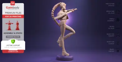 3D model of a stylish, dynamic fighter with braided hair, poised, holding a sword on a display stand.