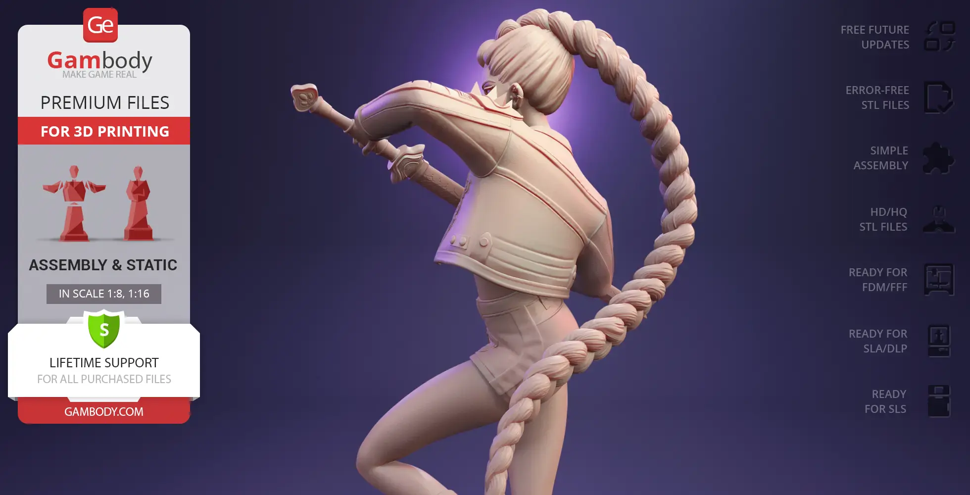 A 3D model of a dynamic character with a long braided ponytail, holding a sword, ready for 3D printing.