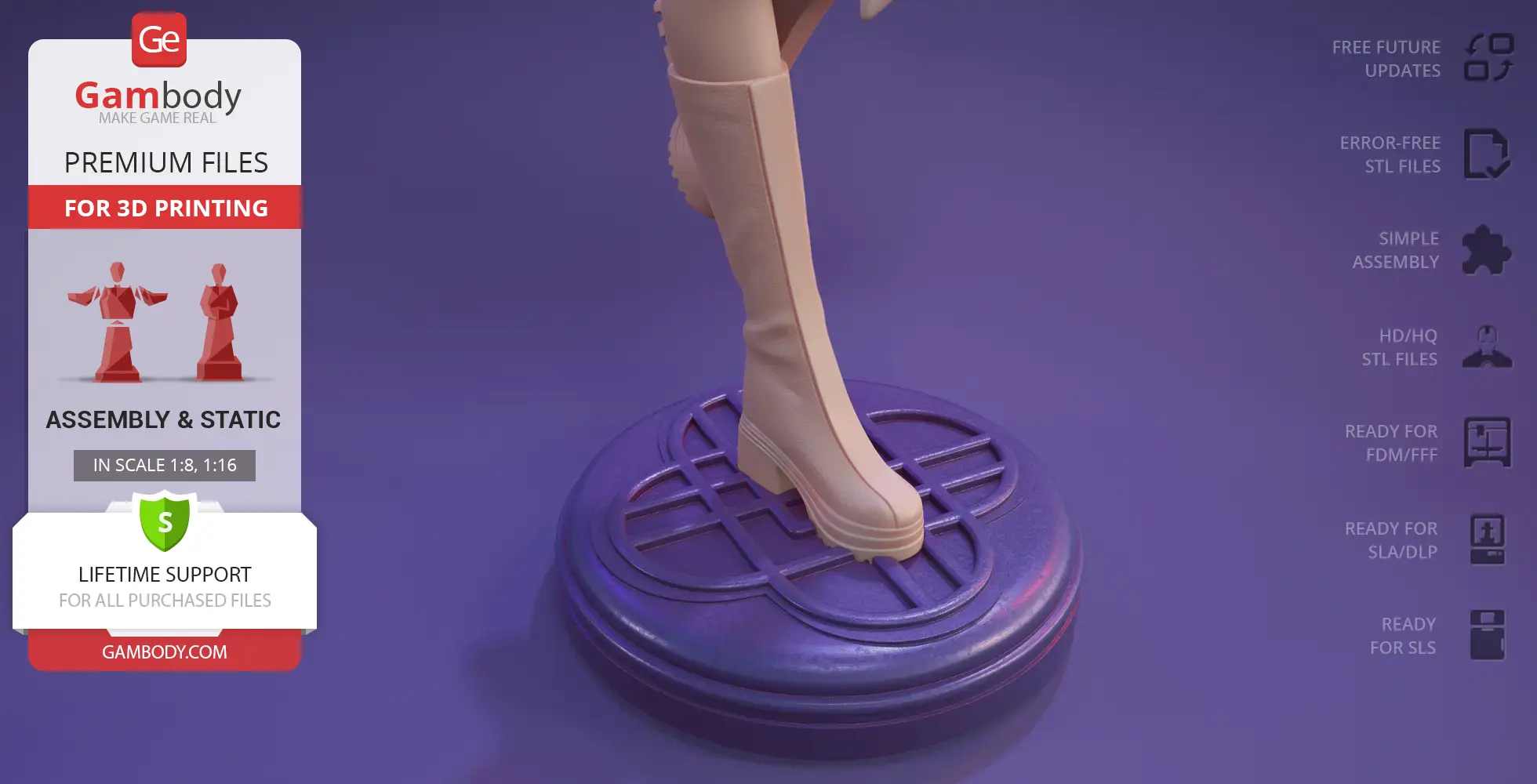 A booted leg on a decorative circular stand, with 3D printing features shown on the side.