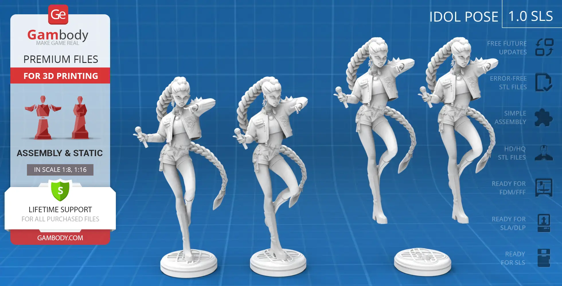 3D model of a female character with long braids, holding a microphone, in dynamic poses for 3D printing.