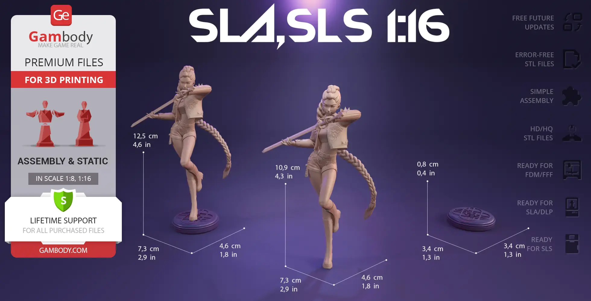 A 3D model of a female warrior with a braided ponytail, holding a sword, displayed with dimensions.