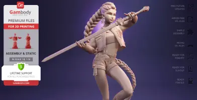 3D model of a stylish warrior with braids, holding a large sword, wearing shorts and a detailed jacket.