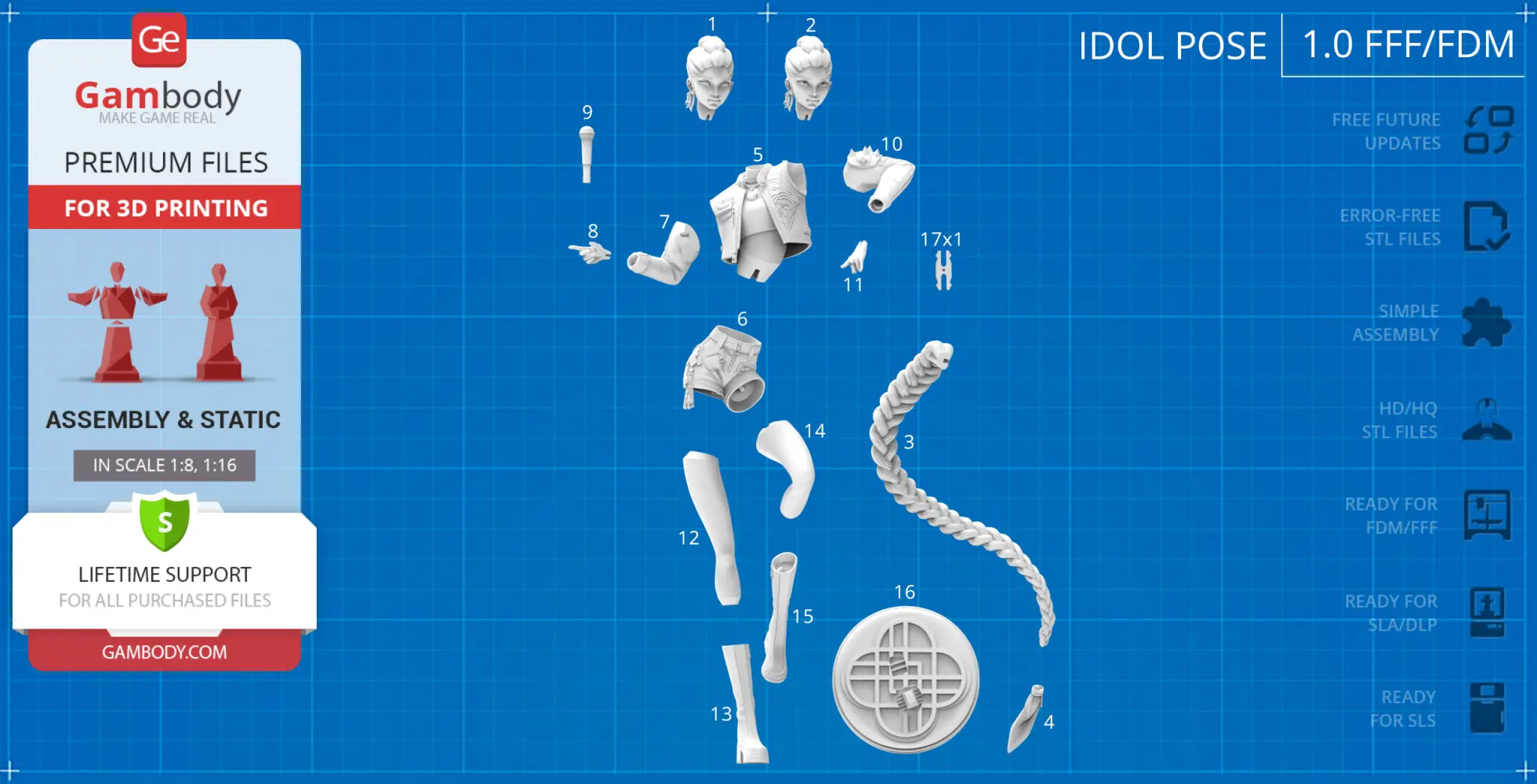 3D model parts for Rumi KPop Demon Hunter, including heads, limbs, and accessories, ready for assembly.