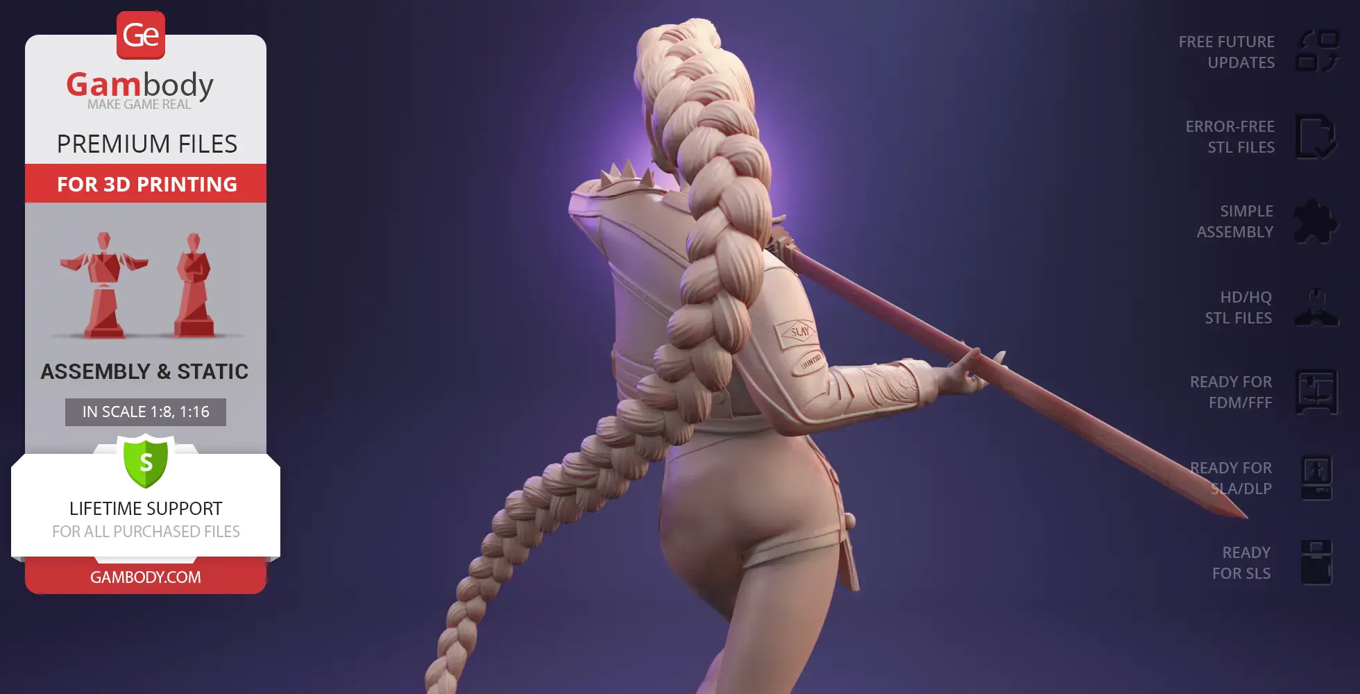 A 3D model of a character with a long braided hairstyle, holding a sword, wearing detailed armor.