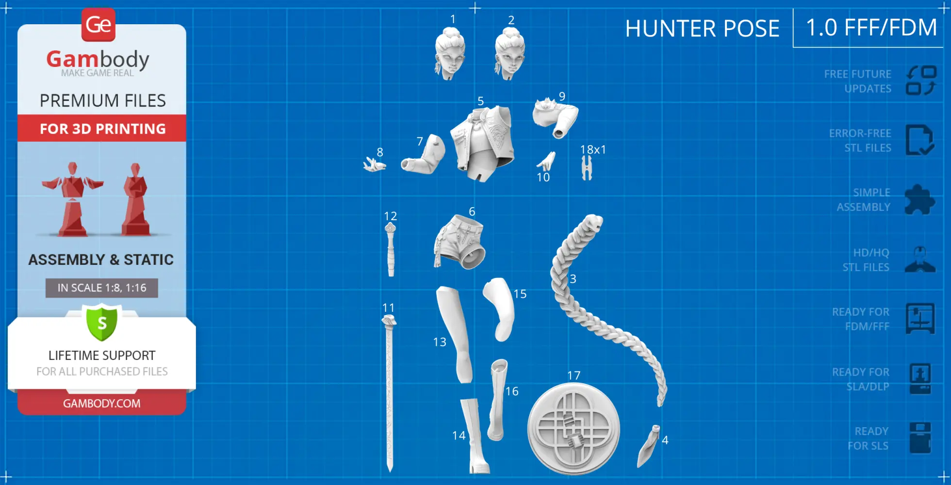 3D model assembly parts for a character, including heads, torso, limbs, and accessories on blue grid background.