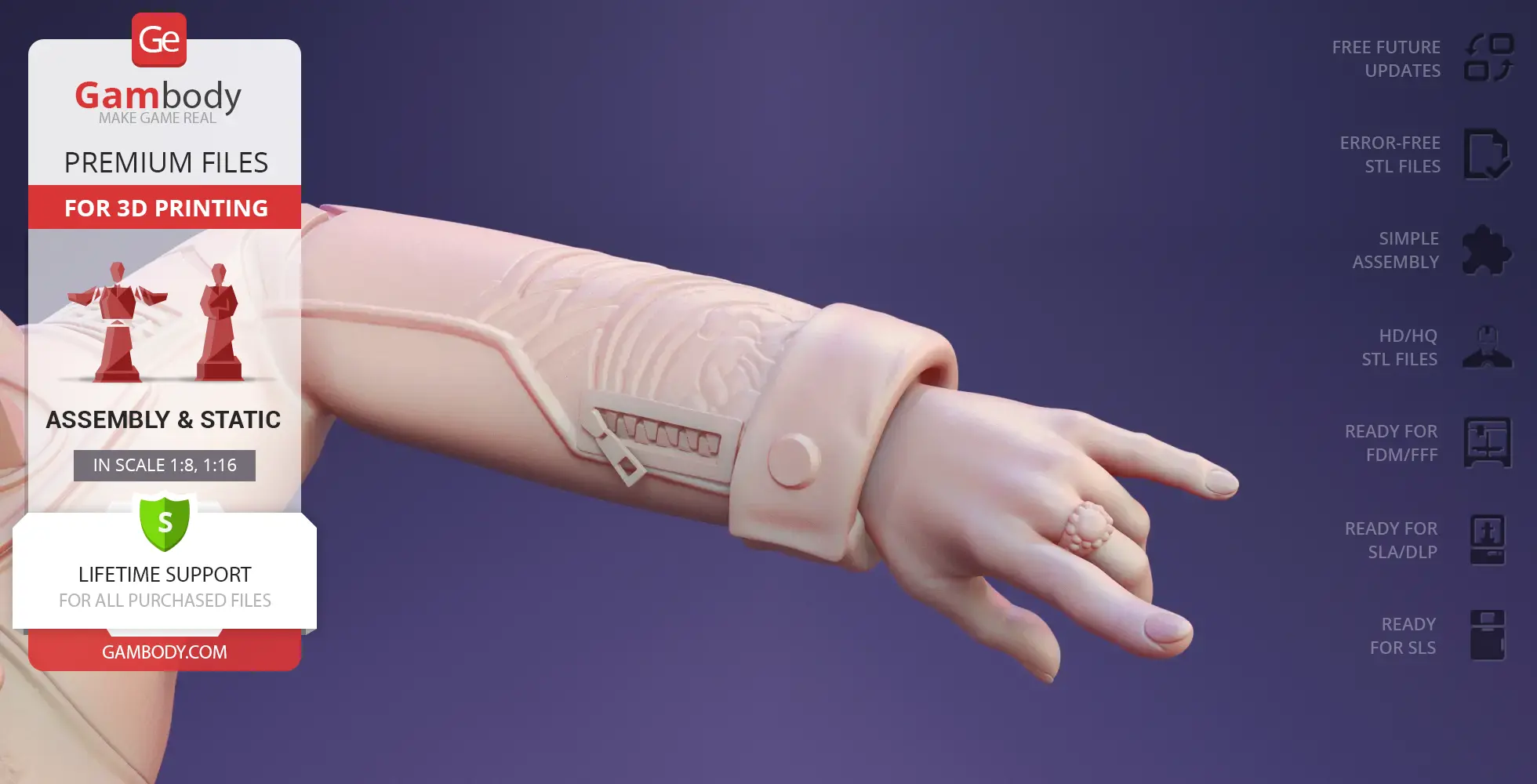 A detailed 3D printed forearm with a glove and ring, designed for assembly, depicted against a purple background.