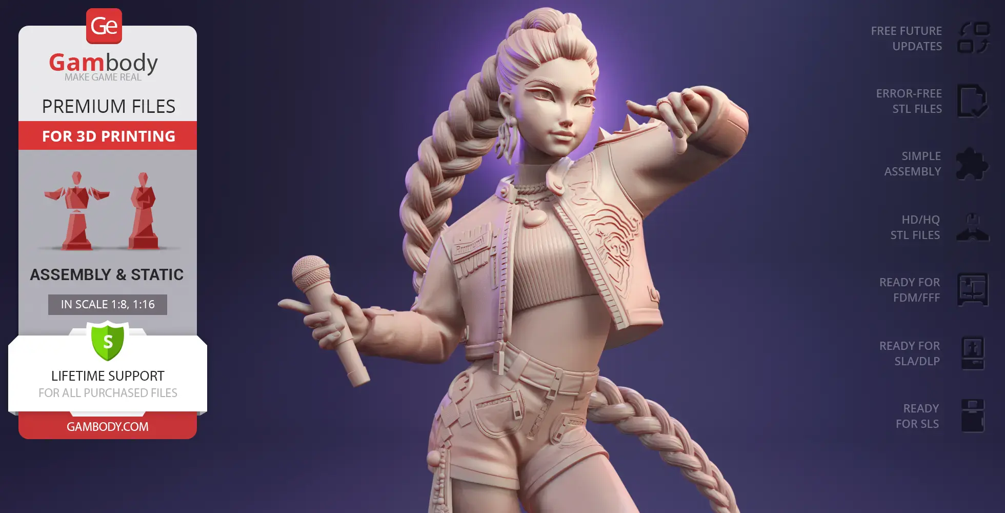 A detailed 3D model of a stylish character with a long braid, microphone, and dynamic pose, designed for 3D printing.