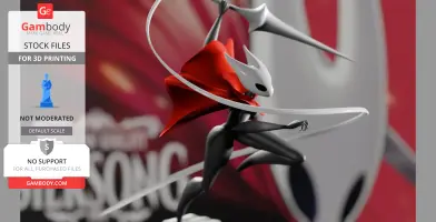 A dynamic 3D model of Hornet from Hollow Knight Silksong, poised with a cloak and needle weapon.