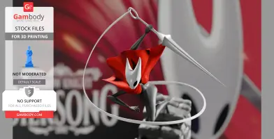 A 3D model of a character with a red cape and needle, from Hollow Knight Silksong, in an action pose.