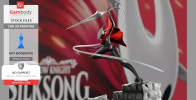 Dynamic figure with red cape, wielding a needle-like weapon, poised on rocks.