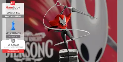 A dynamic pose of Hornet from Hollow Knight: Silksong, wielding a needle weapon and red cloak.