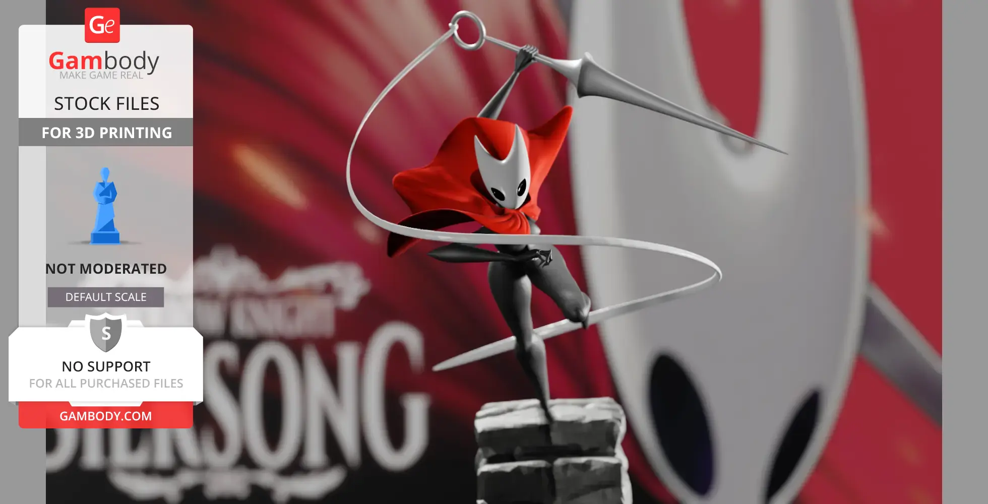 A dynamic pose of Hornet from Hollow Knight: Silksong, wielding a needle weapon and red cloak.