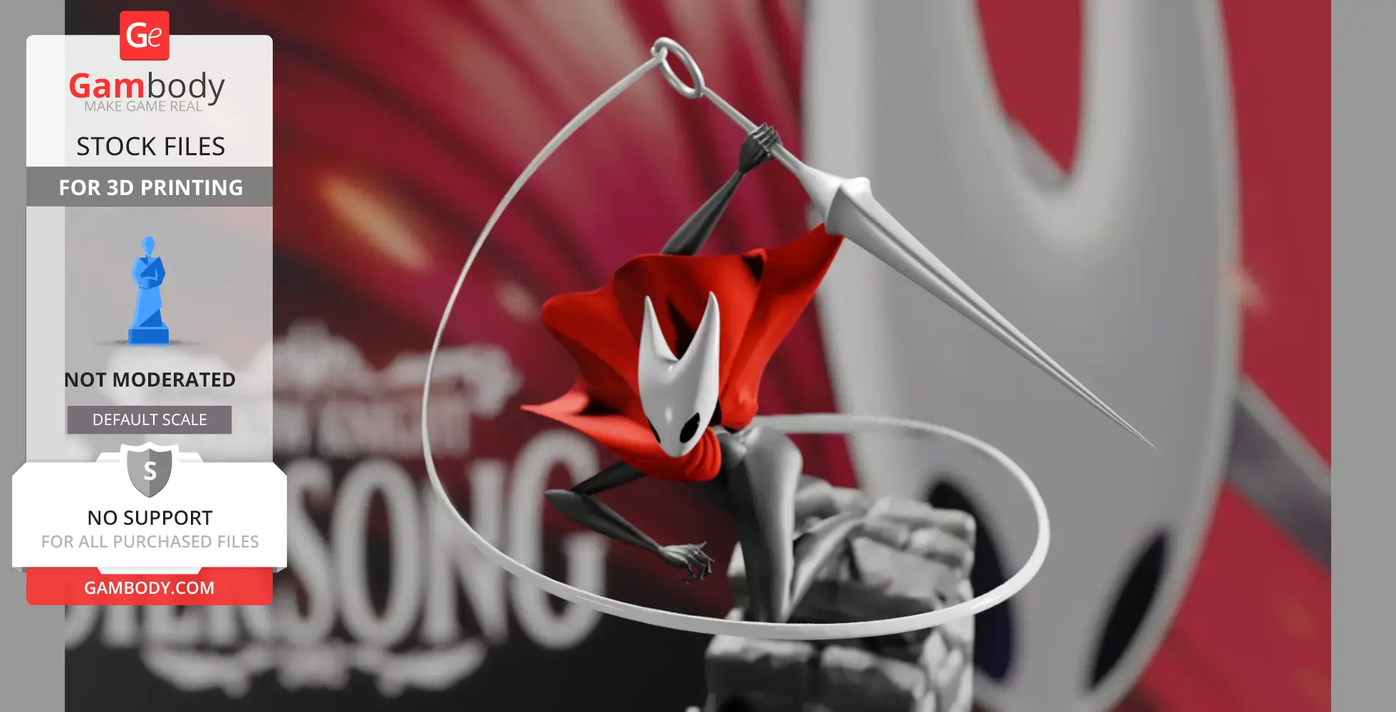 A 3D model of a character with a red cape and needle, from Hollow Knight Silksong, in an action pose.