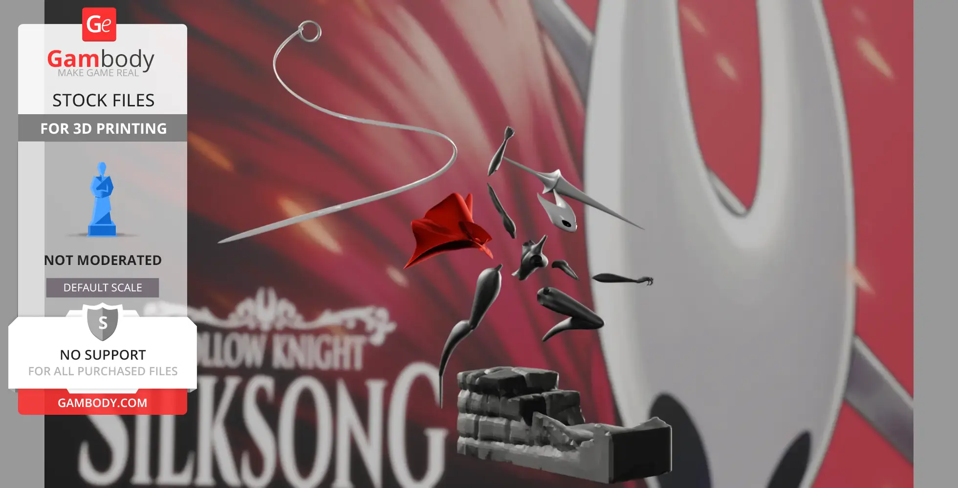 3D model parts of Hornet from Hollow Knight: Silksong, showcasing segmented assembly pieces.