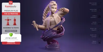 A stylized bust of a KPop-themed demon hunter with braided hair, holding a microphone, encircled by swirling fabric.