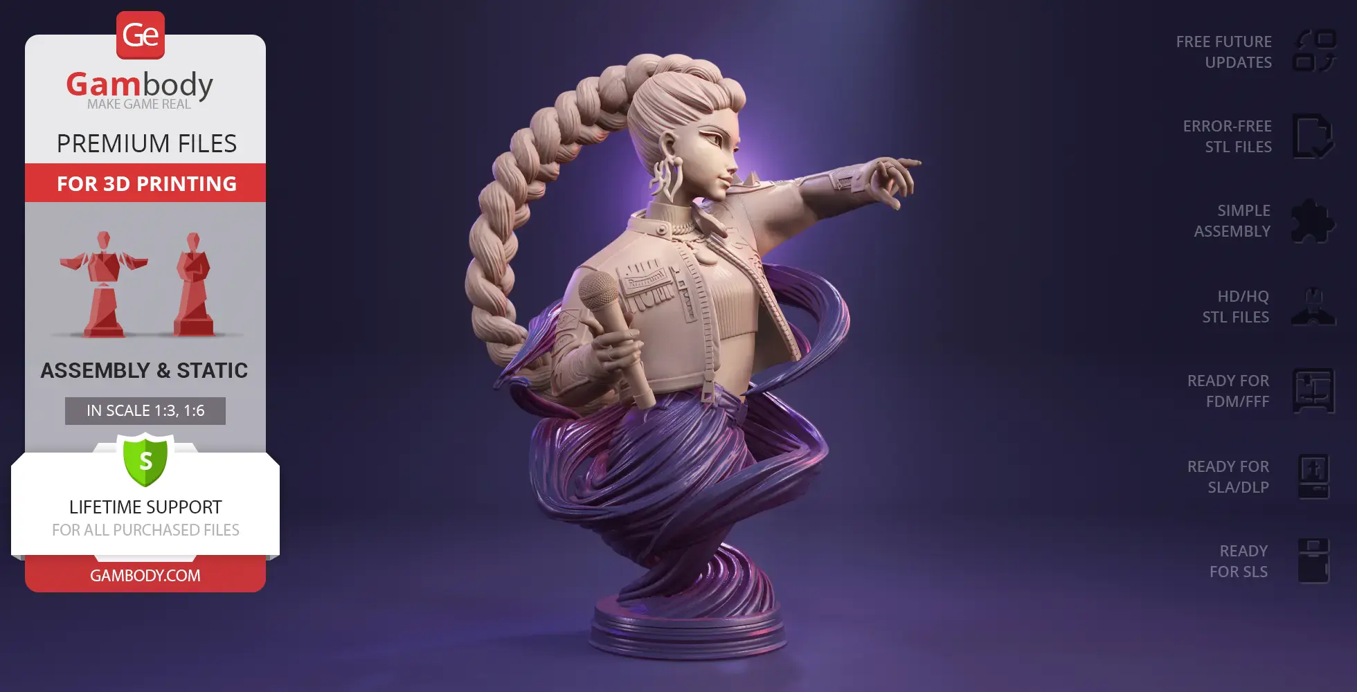 A stylized bust of a female figure with a braided ponytail, holding a microphone, dynamic swirl base.