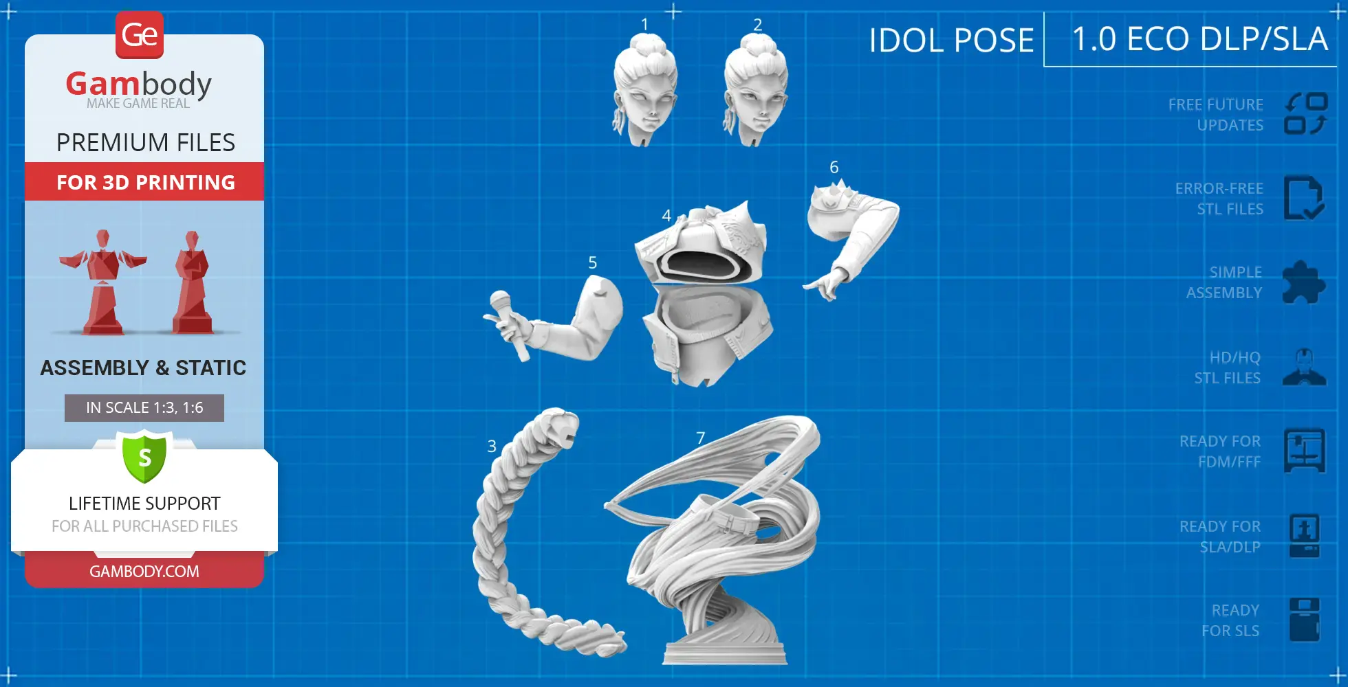 3D model parts for a 'Rumi KPop Demon Hunter' bust, including heads, torso, arms, braid, and base.