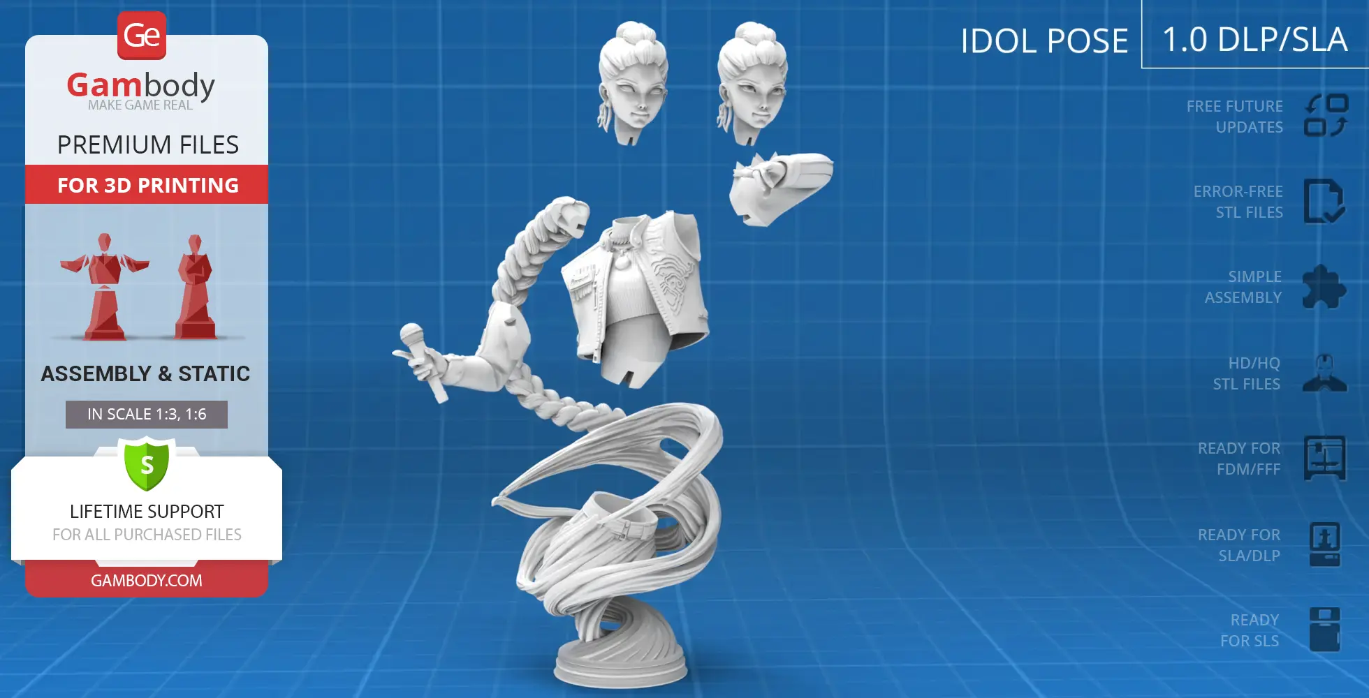 Bust model parts for 3D printing, featuring a character with braided hair and detailed clothing.