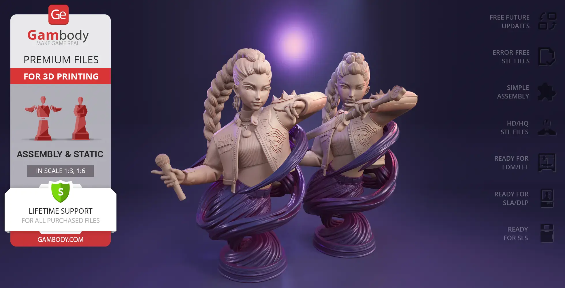 A detailed 3D bust of a stylish, braided warrior holding a microphone, with dynamic swirling base.