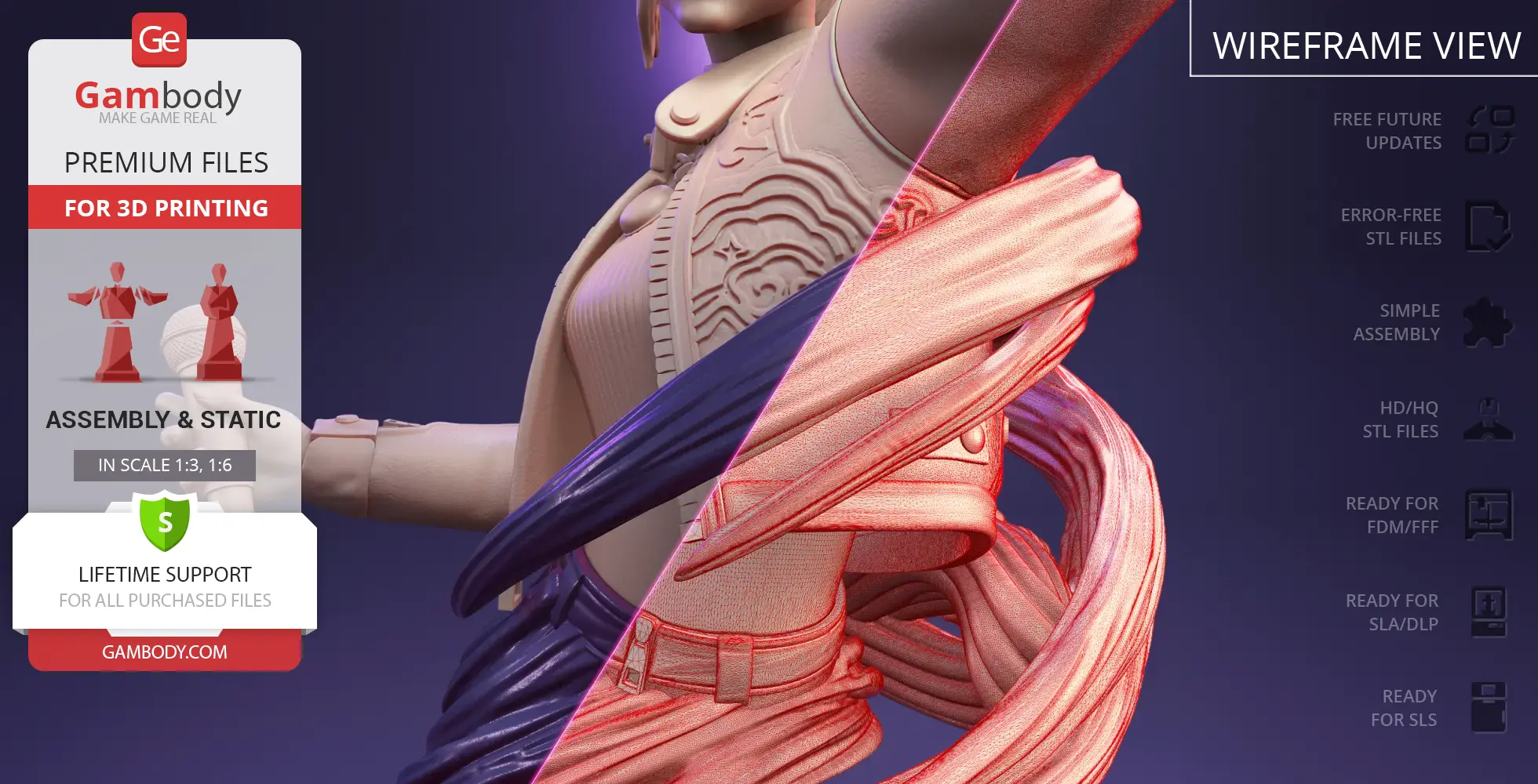 Bust of a stylish character with intricate clothing details, split between textured and wireframe views.