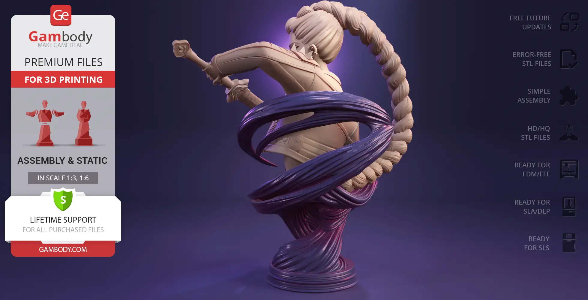 A dynamic 3D bust of a character with a sword and flowing hair, surrounded by swirling fabric.