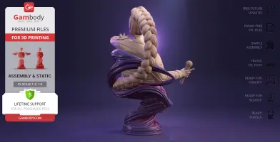 3D model of a KPop-inspired demon hunter with a long braid, holding a microphone, surrounded by swirling elements.