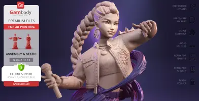 Bust of a braided character holding a microphone, wearing a detailed jacket and earrings.