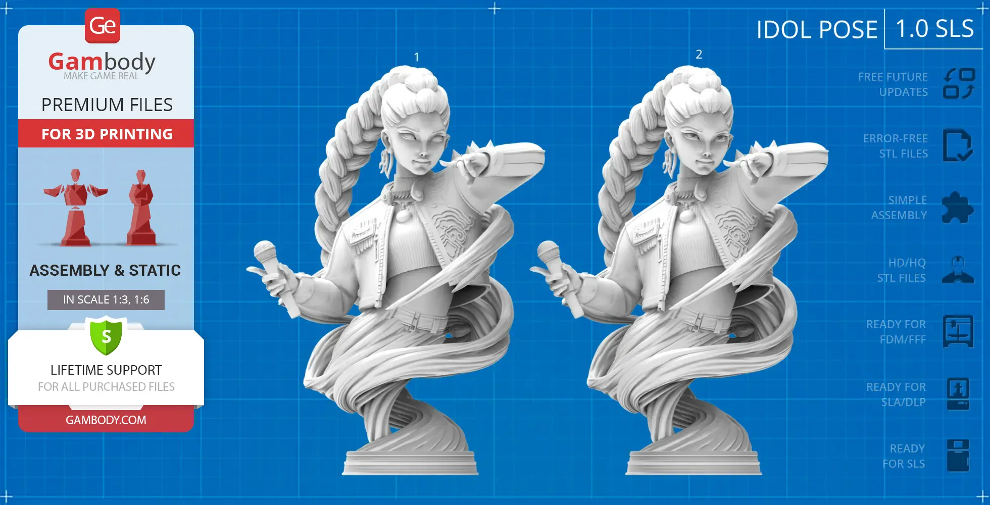3D bust of a character with braided hair, stylish jacket, dynamic pose, holding a microphone.
