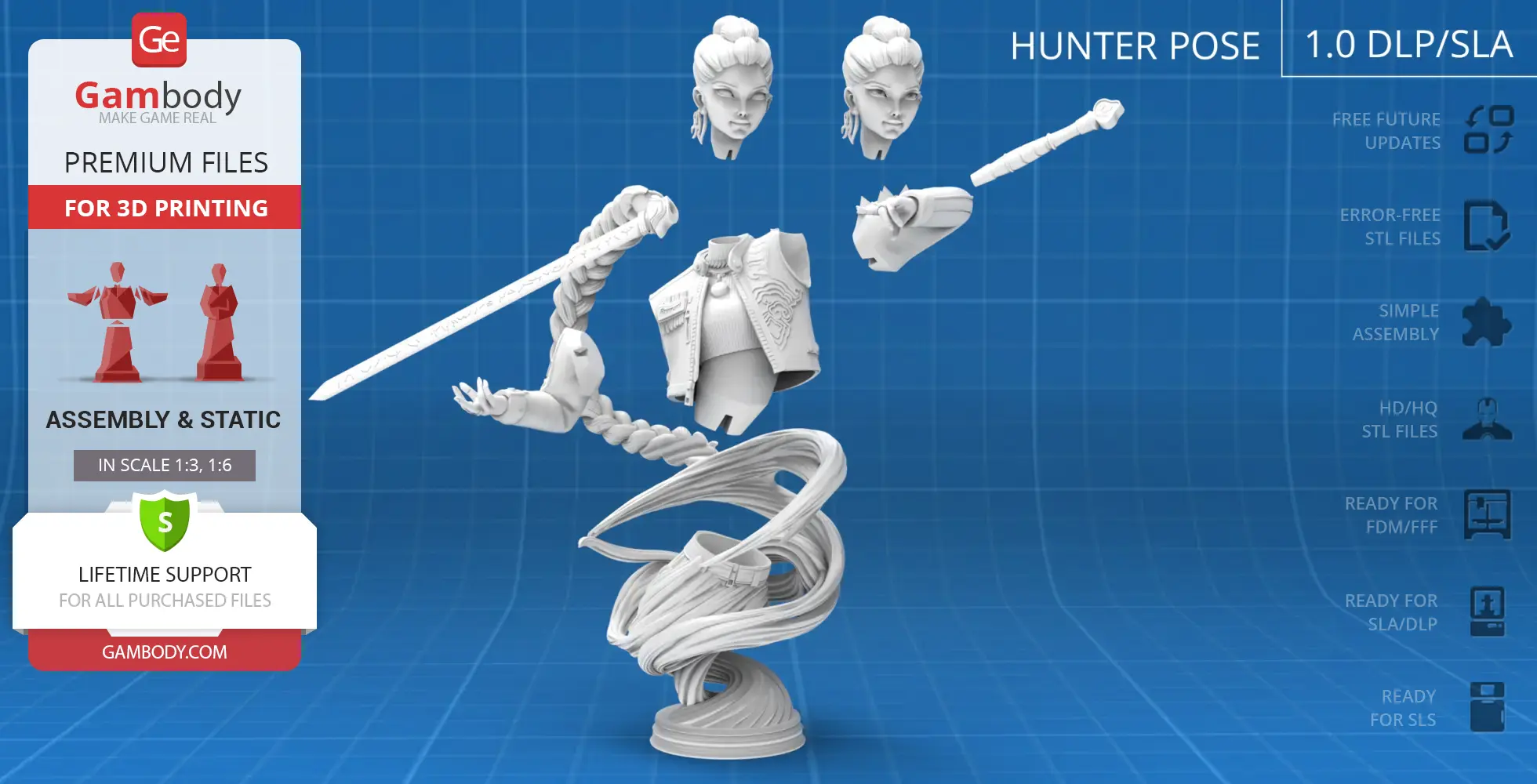 3D model of a female demon hunter bust with separate parts for assembly, including head, arms, and sword.
