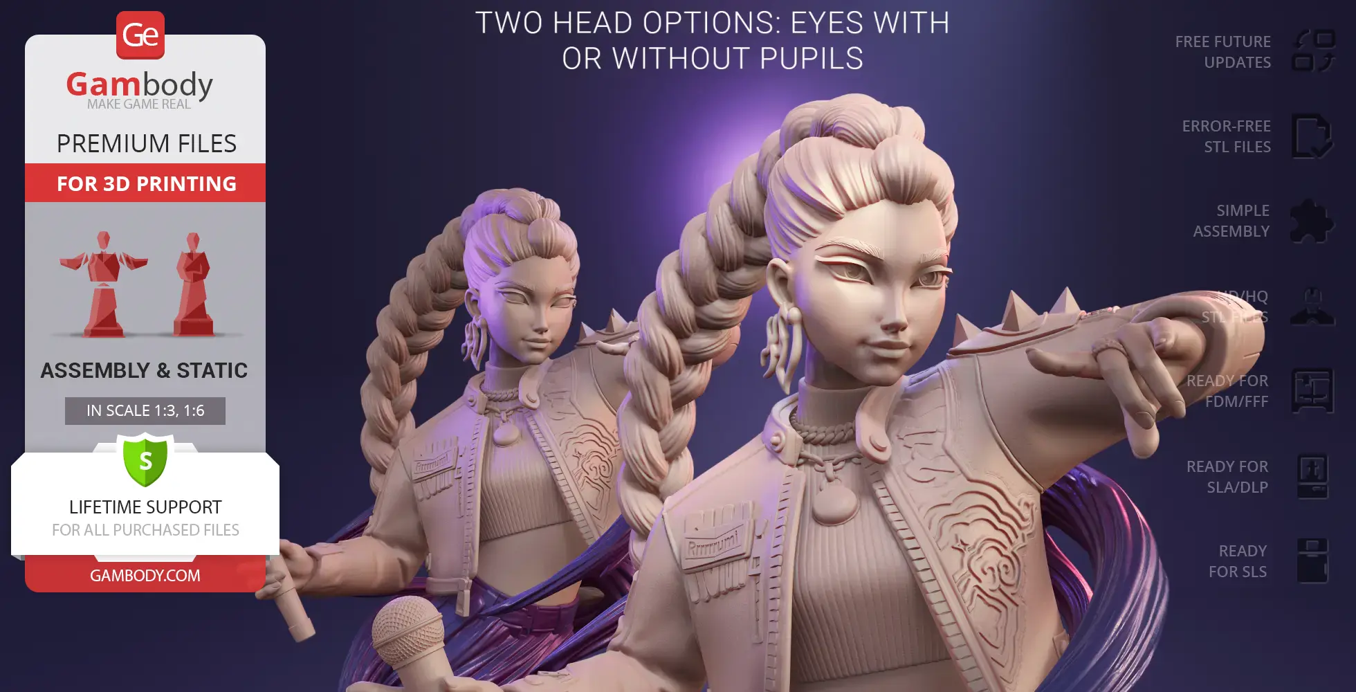KPop-inspired demon hunter bust with braided hair, detailed jacket, and two head options for 3D printing.