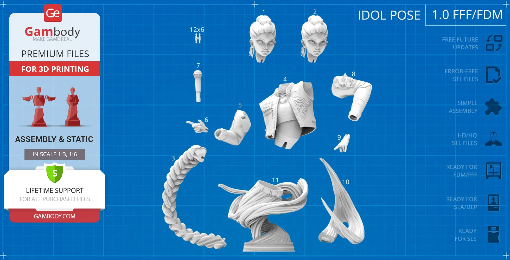 3D printed parts for assembling a KPop Demon Hunter bust, including head, torso, arms, braid, and base.