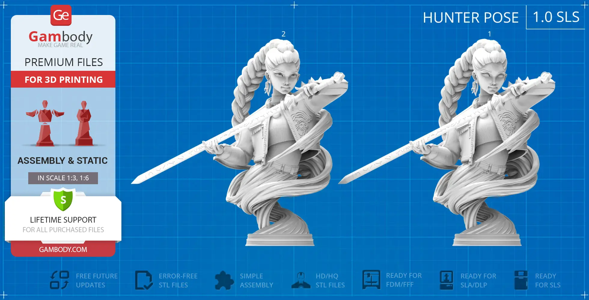 A detailed bust of a female warrior with a long braid, holding a sword in a dynamic pose.